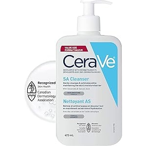CeraVe SALICYLIC ACID Cleanser, Renewing SA Smoothing BHA Exfoliant for Face. Suitable for Keratosis Pilaris & Psoriasis. Gentle Cleanser With Hyaluronic Acid, Niacinamide, Vitamin D & Ceramides. Fragrance Free, No microbeads, 473ml