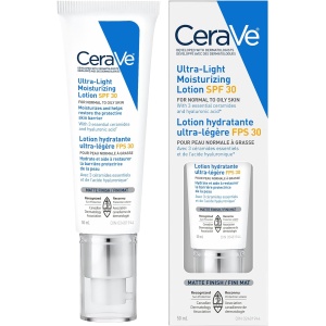CeraVe Ultra-light Face Moisturizer with SPF 30. Hyaluronic Acid face sunscreen lotion for Men & Women, Normal to Oily & sensitive skin. Fragrance-Free, Oil-Free, Non-Comedogenic, Travel Size 50ML