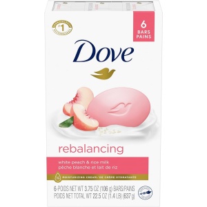 Dove Beauty Bar Gentle Cleanser Moisturizes To Help Rebalance Skin Peach and Rice Milk Gentle Bar Soap Cleanser Made With 1/4 Moisturizing Cream 106 g 6 count