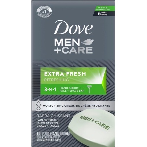 Dove Men + Care Extra Fresh Hand & Body, Face & Shave Bar Soap for refreshed skin with ¼ moisturizing cream 106 g pack of 6