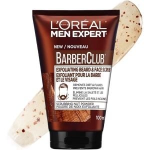 L’Oréal Paris Beard and Face Wash Scrub, Men Expert BarberClub Skincare, Scrubbing Nut Powder, For Smoother Skin, Removes Dirt & Flakes, Exfoliates to Prevent Ingrown Hair Beneath Beard, 100ml