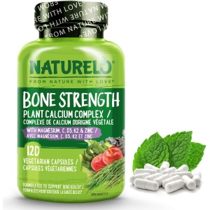 NATURELO Bone Strength - Plant-Based Calcium, Magnesium, Potassium, Vitamin D3, VIT C, K2 - GMO, Soy, Gluten Free Ingredients - Whole Food Supplement for Bone Health - 120 Vegan Friendly Capsules