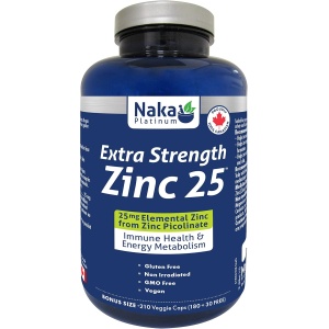 Naka Platinum Extra Strength Zinc Picolinate 25 mg Elemental Zinc for Immune Health and Energy Metabolism Bonus Size 210 Veggie Caps (180+30 Free)