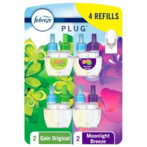 Febreze Plug In Air Freshener, Odor-Fighting Scented Oil Refill, Home and Bathroom and Kitchen, Long Lasting for Strong Odors, Gain Moonlight Breeze & Gain Original Scents, Refills, 4 Count