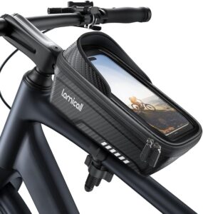 Lamicall Bike Frame Bag Waterproof, Phone Holder Mount, Cycling Pouch with Rain Cover, Bike and Bicycle Top Tube Bag Accessories for Phones Under 7