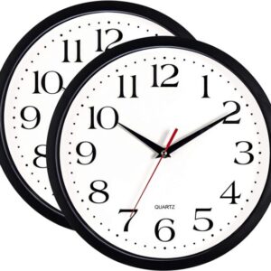 Bernhard Products Wall Clock Silent Non Ticking Quartz (Black, 12 Inch – 2 Pack)
