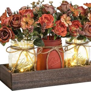 3 Pcs Mason Jar Centerpiece Table Decorations for Dining Table Decor Farmhouse Coffee Table Decor with Wood Tray and Led Light Table Centerpieces for Dining room Kitchen Living Bathroom,Orange