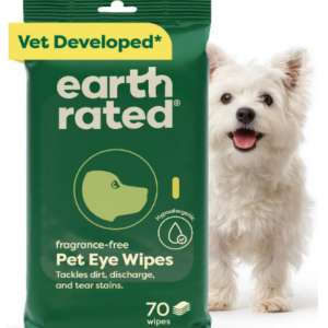 Earth Rated (A Canadian Company) Vet-Developed Pet Eye Wipes, Hypoallergenic Cleaner for Dogs & Cats Eyes, Fragrance Free, 70 Count
